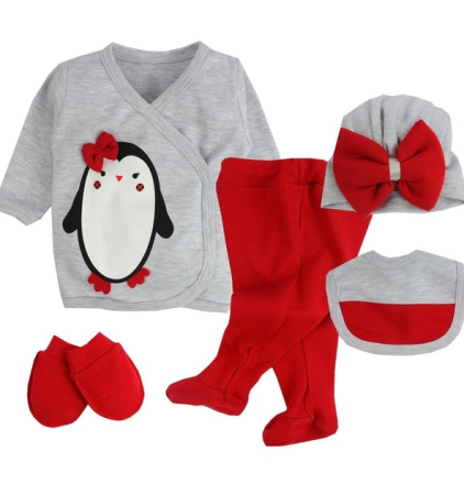 Set nou nascut - Compleu copii, 5 piese, Bubu-Still, 1-3 luni, 52-56 cm, Animalute nazdravane, rosu gri