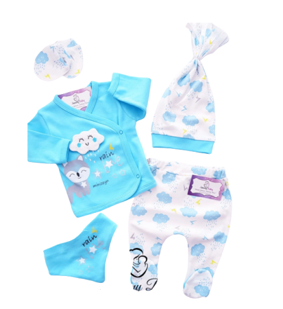 Set nou nascut - Compleu copii, 5 piese, Bubu-Still, 1-3 luni, 52-56 cm, Animalute nazdravane, Turcoaz