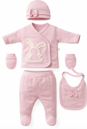 Haine bebe fetite - Compleu copii, 5 piese, Iepuras brodat, Roz Pudrat