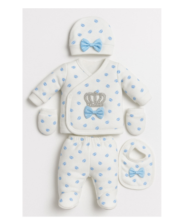 Set nou nascut - Compleu nou nascut, 5 piese, Micul Print, Alb-Turcoaz Cu Imprimeu