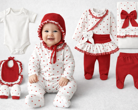 Haine botez - Compleu nou-nascuti fetite 10 piese, bumbac 100%, Inimioare, model cu broderie, 0-3 luni