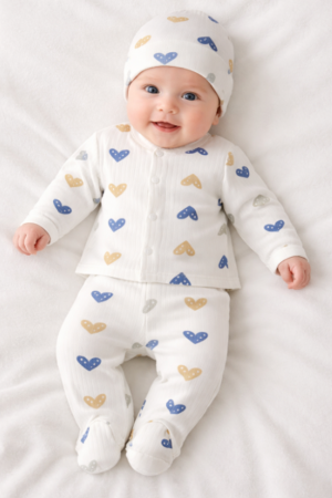 Costumase vara-primavara - Compleu pentru bebelusi, 3 piese, Bubu-Still, inimioare