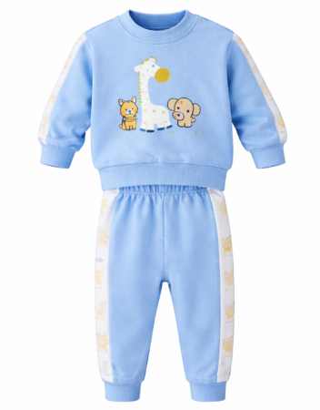 Haine bebe baietei - Compleu pentru casa, model girafa, albastru