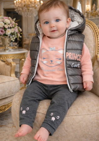 Set nou nascut - Compleu sport pentru fetițe, 3 piese, Cu vestuta, 3-6 luni