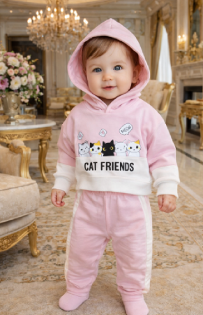Set nou nascut - Compleu sport pentru fetițe „Cat Friends” – Roz, 2 piese