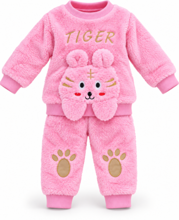 Scutece - Costum bebe din 2 piese din material pufos – Bluziță și pantaloni cu model tigrișor, Roz