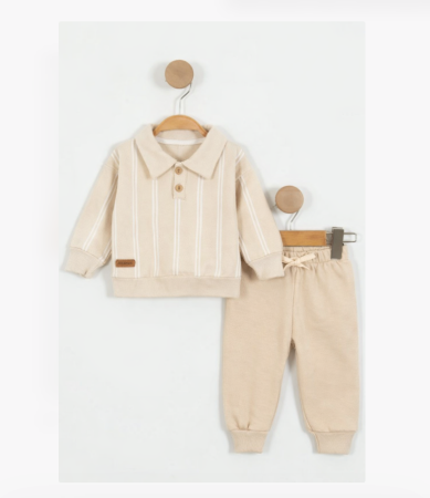 Trening - Costumas 2 piese, bluza tip camasa si pantalon, Bej