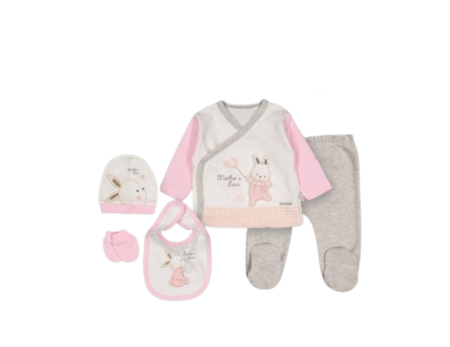Set nou nascut - Costumas bebe,5 piese, iepuras roz pal cu baloane