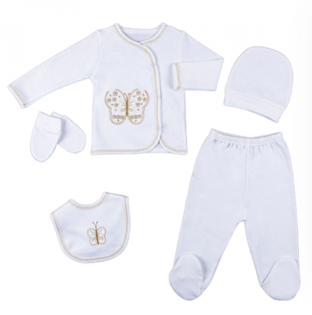 Set nou nascut - Costumas brodat, 5 piese, Model fluturas, 0-3 luni