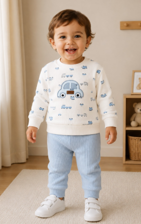 Set nou nascut - Costumas copii, 2 piese, Bumbac pieptanat, Model masinuta, Albastru