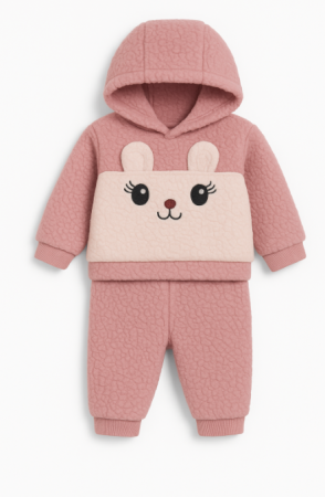 Set nou nascut - Costumas gros, flausat, 2 piese, Cu gluga, roz