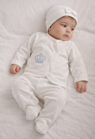 Set nou nascut - Costumas nou nascut, 0-3 luni, 3 piese, Coronita regala, Albastru