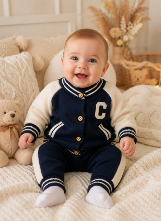 Set nou nascut - Costumaș tricotat 2 piese pentru bebeluși, American Boy, Bleumarin