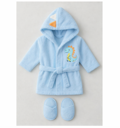 Haine bebe baietei - Halat de baie, cu gluga si papucei, Capison animalut, Albastru