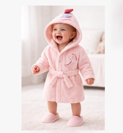 Haine bebe fetite - Halat de baie, cu gluga si papucei, Capison animalut, Roz