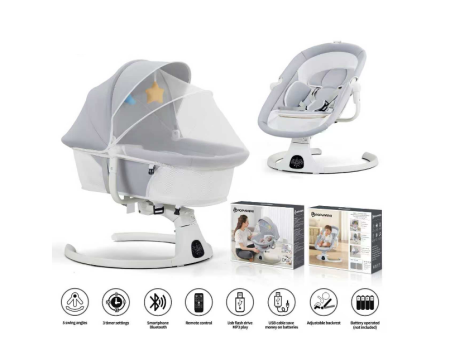 Balansoare si Leagane - Leagan Electric, Balansoar si patut pentru bebelusi , 3 Trepte Balans, Muzical, Conexiune Bluetooth, Telecomanda, Jucarii de Plus, Cu Acoperis Rabatabil si Plasa insecte