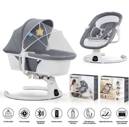 Patut cu leganare - Leagan Electric, Balansoar si patut pentru bebelusi , 3 Trepte Balans, Muzical, Conexiune Bluetooth, Telecomanda, Jucarii de Plus, Cu Acoperis Rabatabil si Plasa insecte,  Gri mat