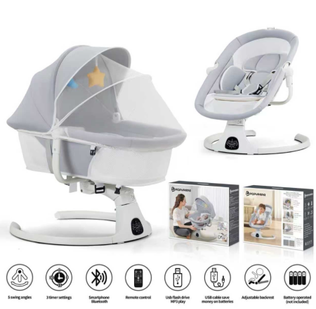 Patut cu leganare - Leagan Electric, Balansoar si patut pentru bebelusi , 3 Trepte Balans, Muzical, Conexiune Bluetooth, Telecomanda, Jucarii de Plus, Cu Acoperis Rabatabil si Plasa insecte, Gri deschis