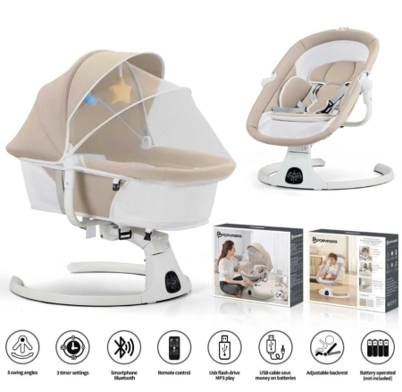 Patut bebe - Leagan Electric, Balansoar si patut pentru bebelusi , 3 Trepte Balans, Muzical, Conexiune Bluetooth, Telecomanda, Jucarii de Plus, Cu Acoperis Rabatabil si Plasa insecte, Bej