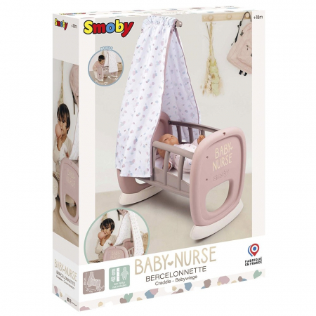 Jucarii tip Montessori - Leagan pentru papusa Smoby Baby Nurse Cradle maro cu baldachin