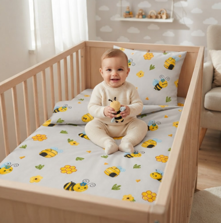 Lenjerii 3 piese - Lenjerie patut, 3 piese, cu plapumica tip pilota, Albinute
