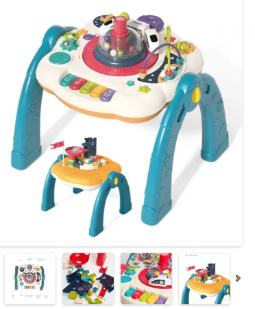 Masuta interactiva, muzicala, 2 in 1, cu 2 fete, centru de activitati pentru copii, pian, volan, labirint, ceas, trenulet si fata cu masa pentru LEGO si 30 piese [8]