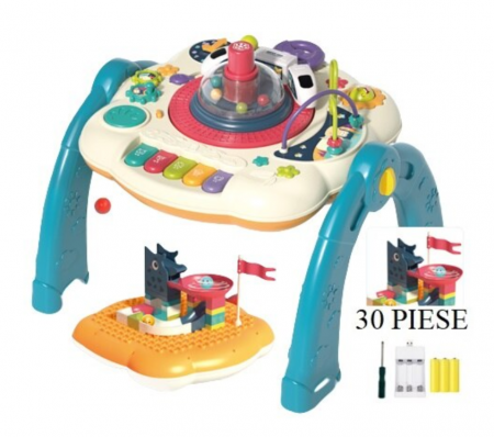 Masuta interactiva, muzicala, 2 in 1, cu 2 fete, centru de activitati pentru copii, pian, volan, labirint, ceas, trenulet si fata cu masa pentru LEGO si 30 piese [2]