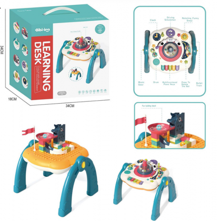 Masuta interactiva, muzicala, 2 in 1, cu 2 fete, centru de activitati pentru copii, pian, volan, labirint, ceas, trenulet si fata cu masa pentru LEGO si 30 piese [6]