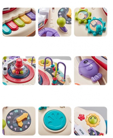 Masuta interactiva, muzicala, 2 in 1, cu 2 fete, centru de activitati pentru copii, pian, volan, labirint, ceas, trenulet si fata cu masa pentru LEGO si 30 piese [1]