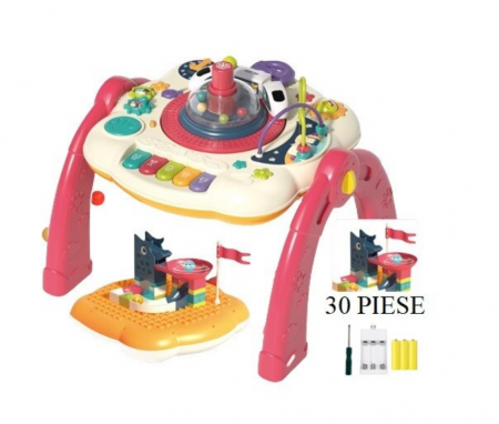Masuta interactiva, muzicala, 2 in 1, cu 2 fete, centru de activitati pentru copii, pian, volan, labirint, ceas, trenulet si fata cu masa pentru LEGO si 30 piese [2]