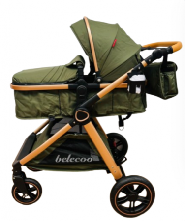 Carucior 2 in 1, Suspensie dubla pe roata, Geanta inclusa, strangere compacta, Belecoo, kaki [3]