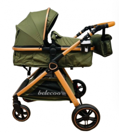 Carucior 2 in 1, Suspensie dubla pe roata, Geanta inclusa, strangere compacta, Belecoo, kaki [2]