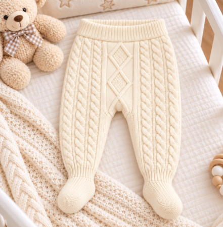 Haine bebe fetite - Pantaloni tricotati pentru bebeluși, cu model împletit și botoșei integrați, alb