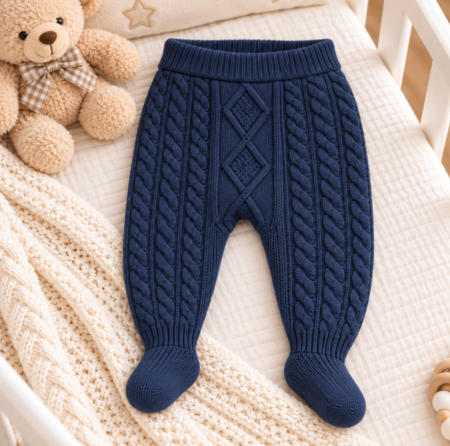Pantaloni de casa - Pantaloni tricotati pentru bebeluși, cu model împletit și botoșei integrați, Albastru