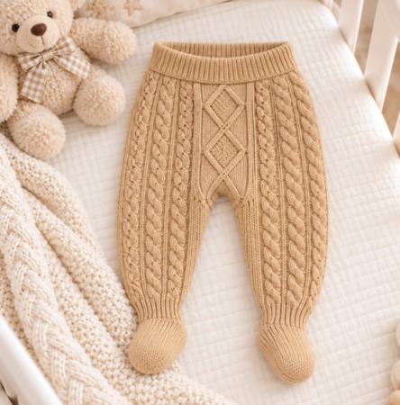 Pantaloni de casa - Pantaloni tricotati pentru bebeluși, cu model împletit și botoșei integrați, bej