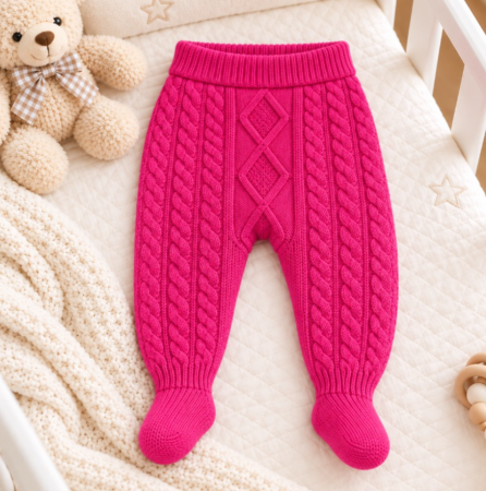 Pantaloni de casa - Pantaloni tricotati pentru bebeluși, cu model împletit și botoșei integrați, roz magenta