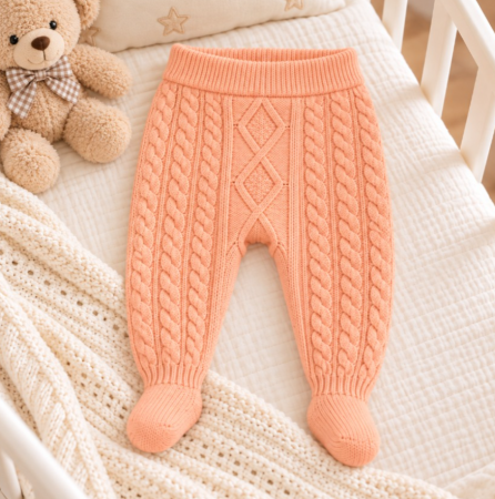 Haine bebe fetite - Pantaloni tricotati pentru bebeluși, cu model împletit și botoșei integrați, somon
