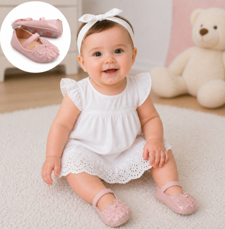 Incaltaminte pt primii pasi - Pantofiori cu fundita dantelata, roz pudra