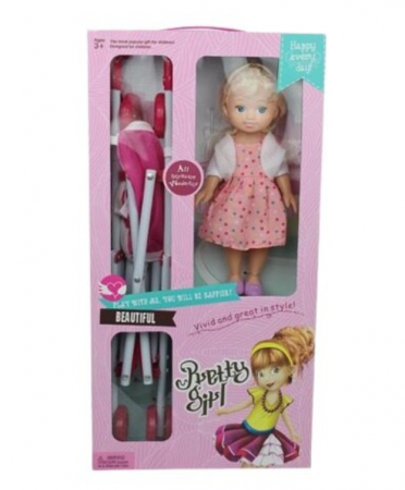 Papusi, plusuri, zane si figurine - Papusa, 25 cm, blonda cu rochita cu buline si carucior