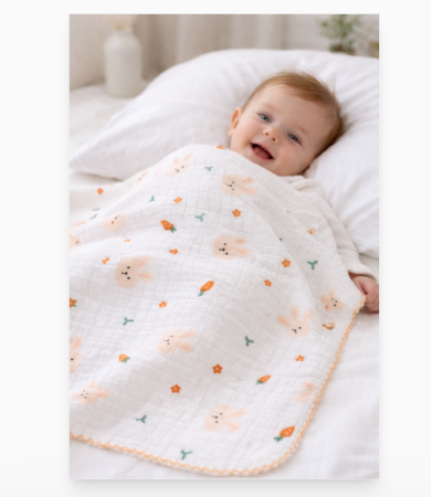 Păturele - Păturica muselină pentru bebeluși, model iepurasi