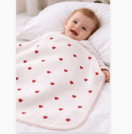 Păturele - Păturica muselină pentru bebeluși, model inimioare rosii