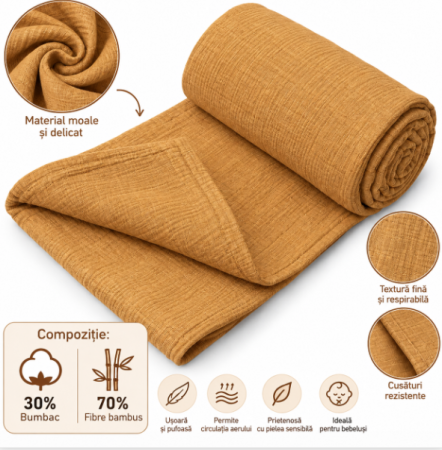 Păturele - Păturică pentru bebeluși, Material organic, 70% fibre bambus, 30% bumbac, 125 x 125 cm