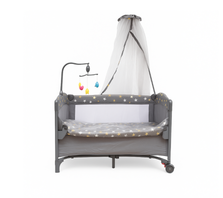 Patut bebe, 2 niveluri, cu laterala culisanta, baldachin cu suport inclus, masuta de infasat, gri [2]