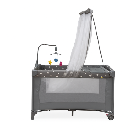 Patut bebe - Patut bebe, 2 niveluri, cu laterala culisanta, baldachin cu suport inclus, masuta de infasat, gri