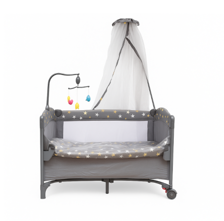 Patut bebe, 2 niveluri, cu laterala culisanta, baldachin cu suport inclus, masuta de infasat, gri [1]