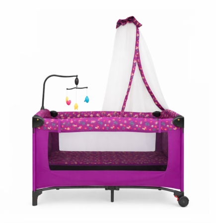 Patuturi si tarcuri pliabile - Patut bebe, 2 niveluri, cu laterala culisanta, baldachin cu suport inclus, masuta de infasat, Mov