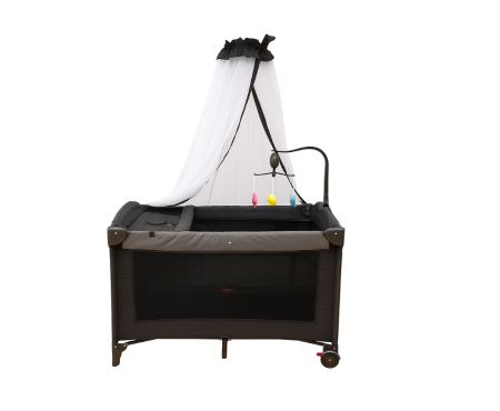 Patut bebe - Patut bebe, 2 niveluri, cu laterala culisanta, baldachin cu suport inclus, masuta de infasat, negru