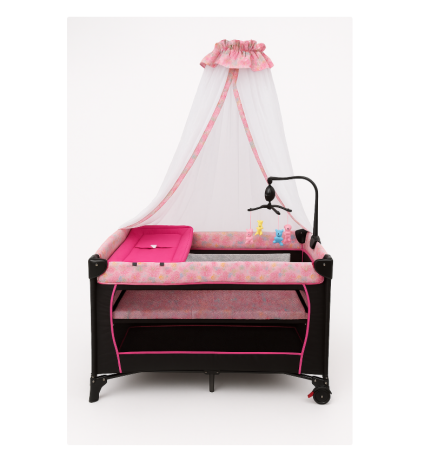 Patut bebe - Patut bebe, 2 niveluri, cu laterala culisanta, baldachin cu suport inclus, masuta de infasat, roz