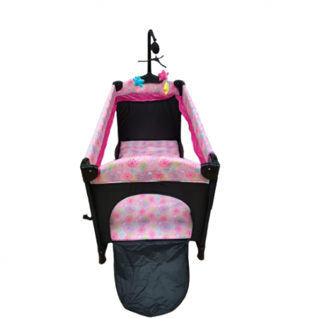 Patut bebe, 2 niveluri, cu laterala culisanta, baldachin cu suport inclus, masuta de infasat, roz [1]