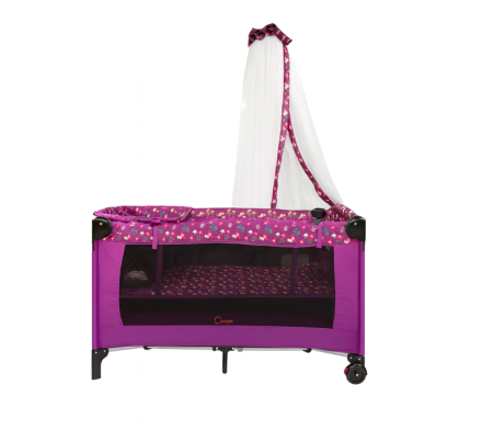 Patut bebe, 2 niveluri, cu laterala culisanta, baldachin cu suport inclus, masuta de infasat, roz [3]